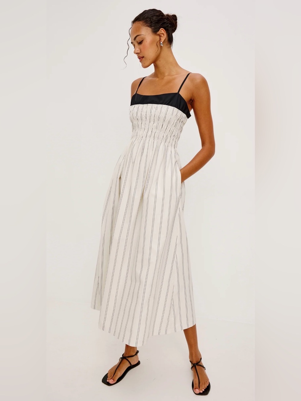 Rails Primrose Black and White Striped Smocked Midi Dress
